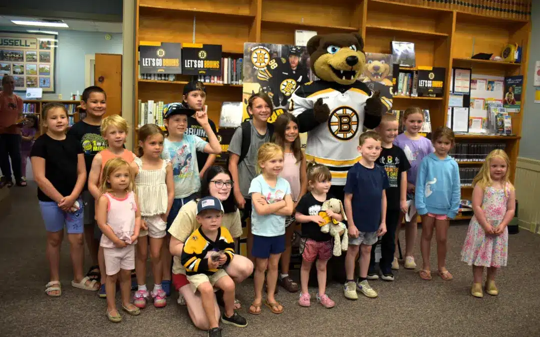 Bruins mascot scores at Russell Public Library