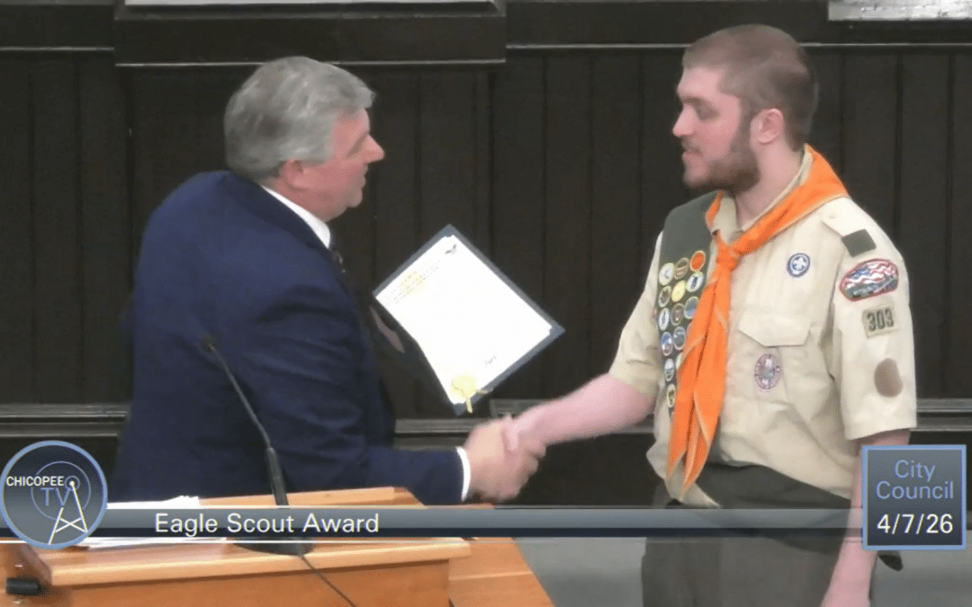 Holmes recognized by Chicopee for achieving Eagle Scout rank