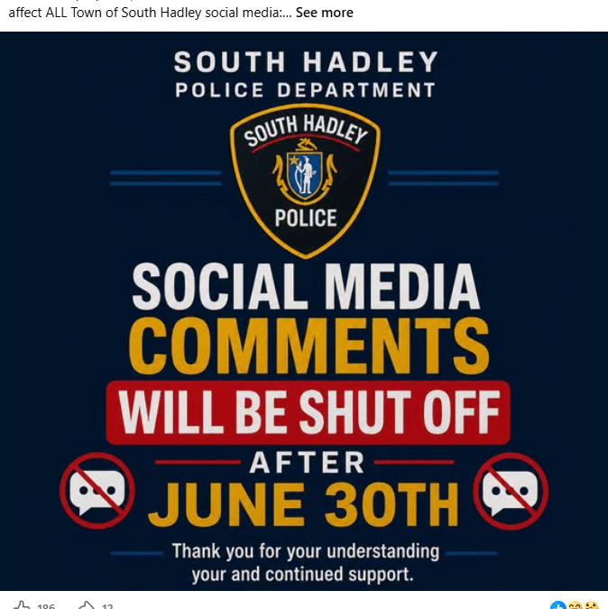 Residents can no longer comment on South Hadley social media pages