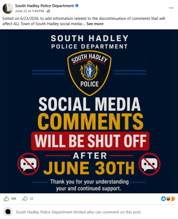 Residents can no longer comment on South Hadley social media pages