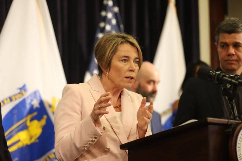 Gov. Maura Healey speaks at a State House press conference